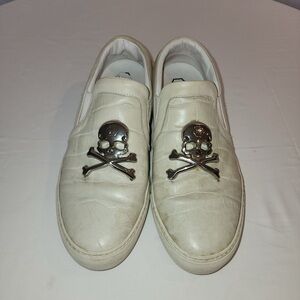 Philipp Plein Cream Slip-On Loafers with Silver Skull